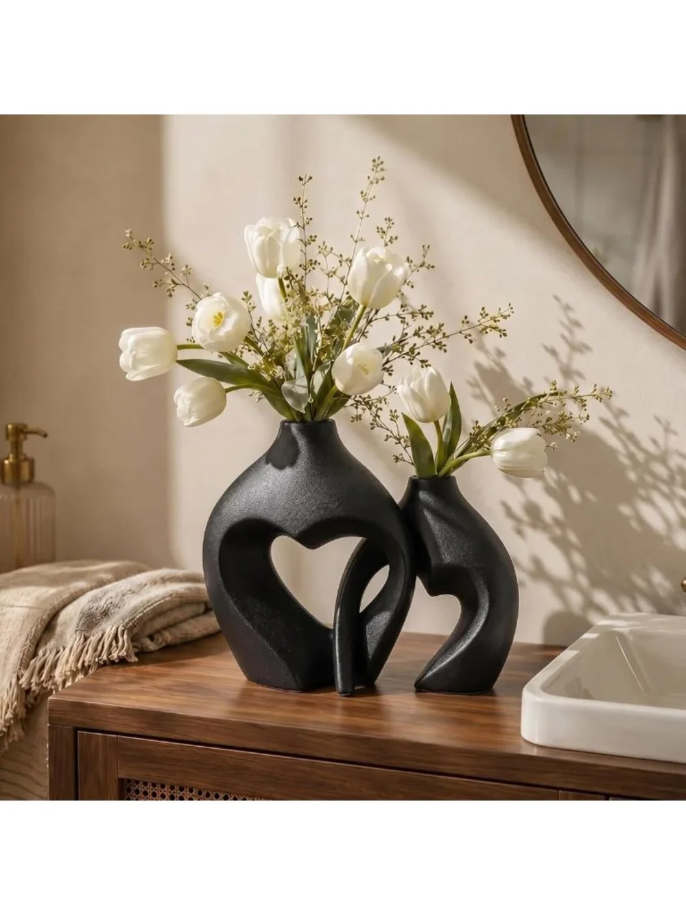 Set of 2 Black Heart Shaped Ceramic Vases - Minimalist Home Decor for Table